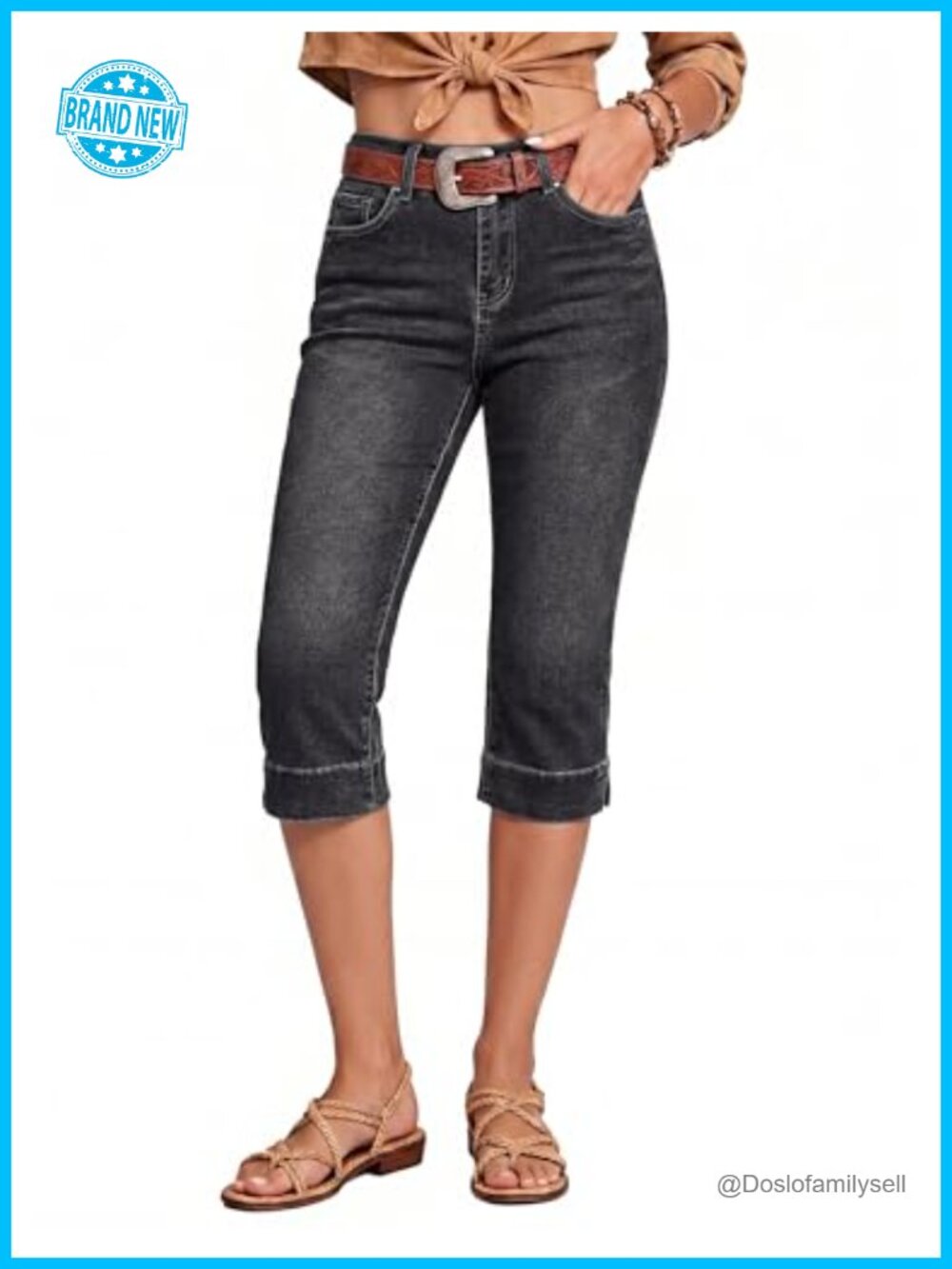 High Waisted Capri Jeans Slim Split Hem Stretch Denim Cropped Pants